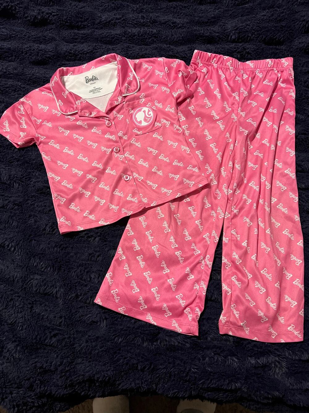Barbie Girls Pajama Set Size 5T Pink Logo Button Up Sleepwear EUC